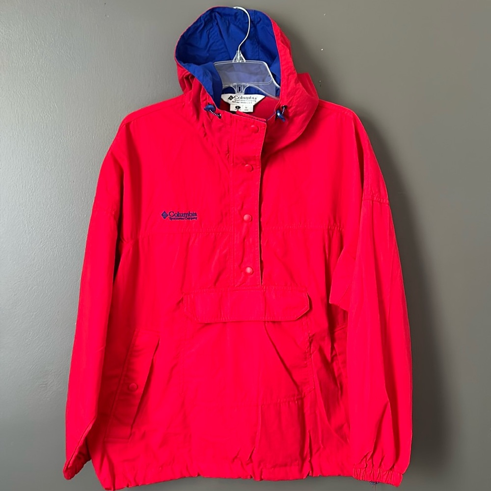 Columbia Hooded Pullover Windbreaker Jacket Red with Blue Hood Womens Large L